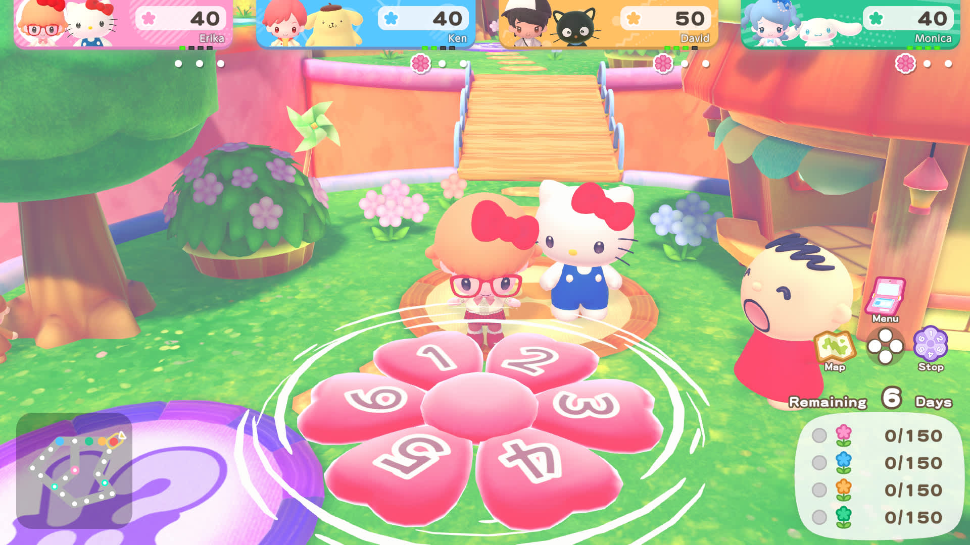 Hello Kitty Party Land screenshot: Board Game Mode on a flower-shaped board.