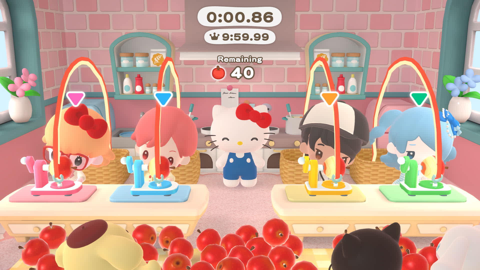 Hello Kitty Party Land screenshot: a timed tomato mini game at a market stall.